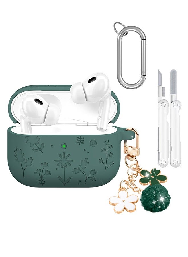 HaDoii Compatible with AirPods Pro 3 Case 2025 Cute with Cherry Blossom Keychain and Cleaning Kit, Soft Silicone Shockproof Flower Engraved Cover Compatible with AirPod Pro 3 Case Cover - Pine Green - Image 1